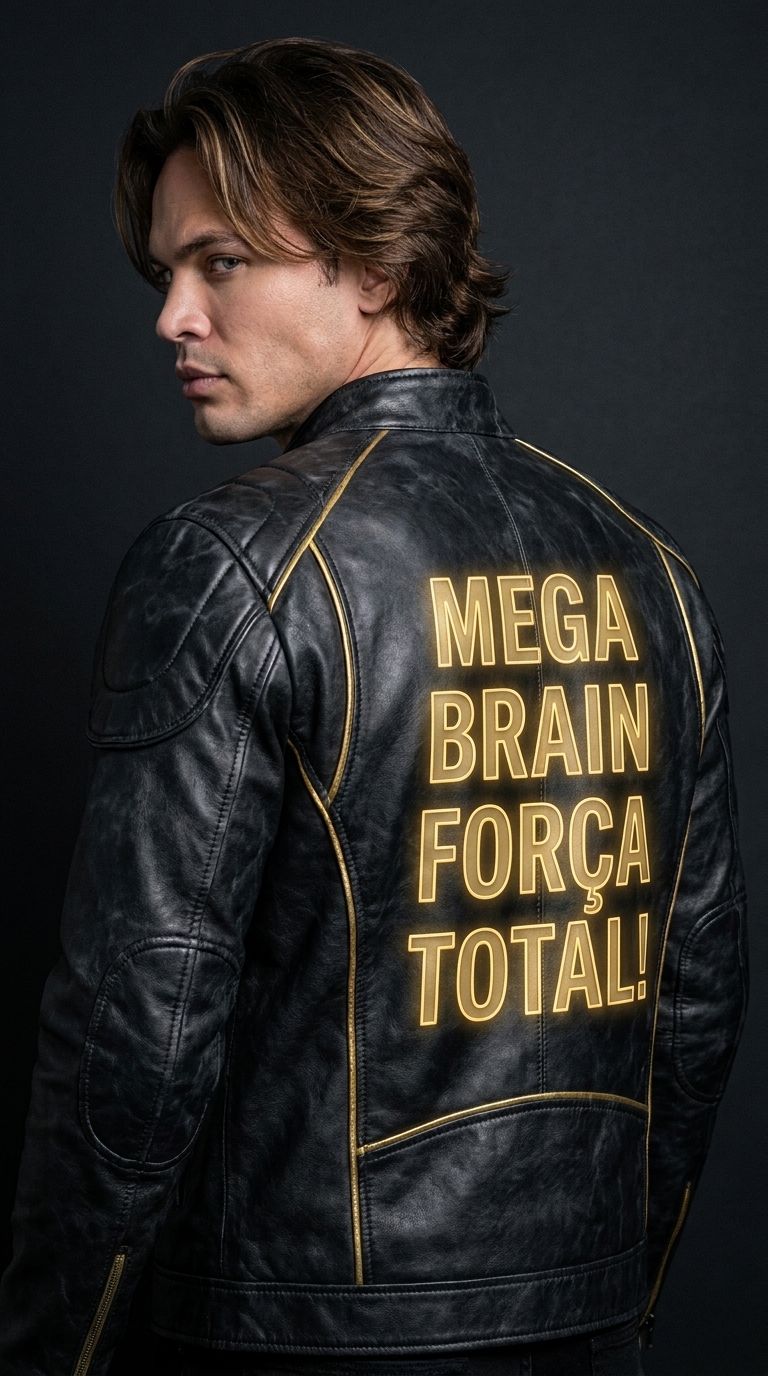 Jaqueta MEGABRAIN Força Total — couro mármore-preto com glow dourado nas costas