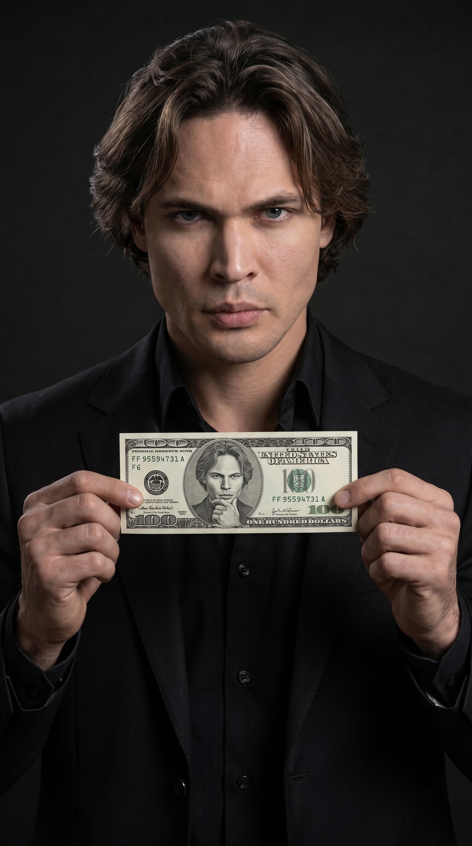Homem de preto segurando uma nota de US$100 com o próprio rosto estampado no lugar do presidente